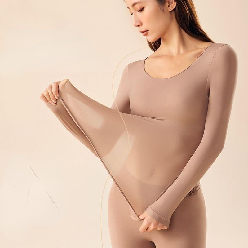 Set pakaian dalam termal wanita musim gugur musim dingin, ringan bagian dalam panjang sederhana warna murni intim dasar 2 buah