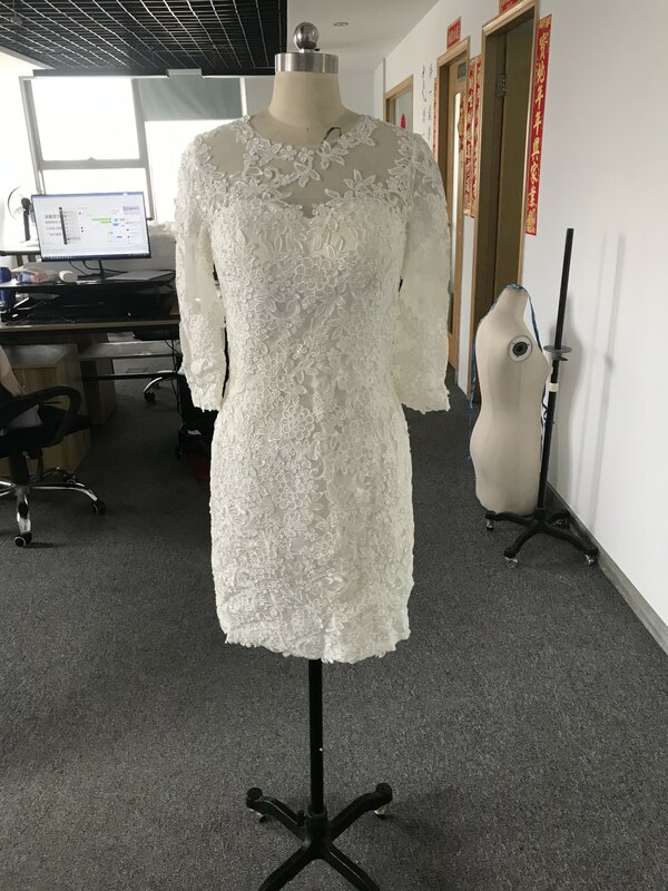CloverBridal ستان حفلات الزفاف 2023 Long Sleeves Short Lace Sheath Bridal Gown Ready-To-Ship Knee Length Robe De Mariée 8027