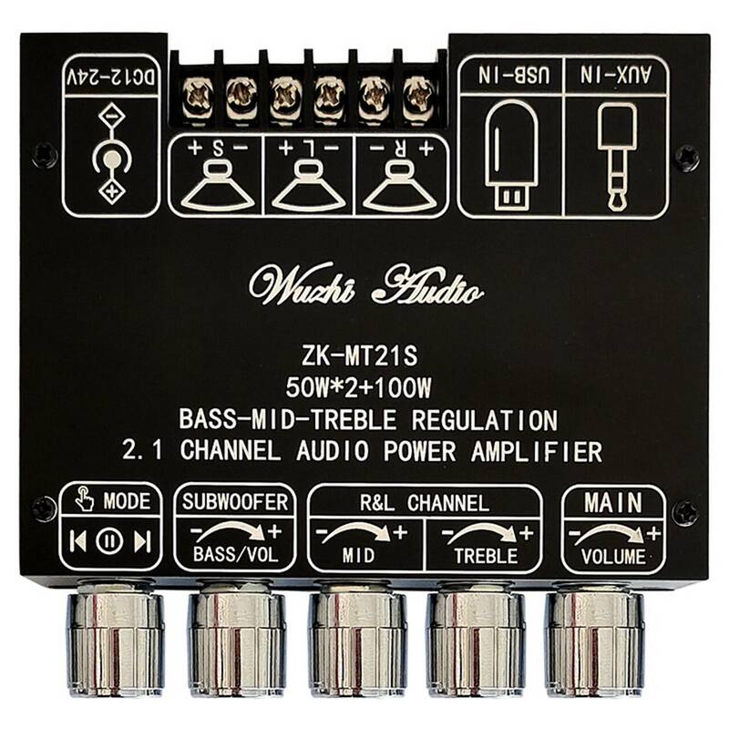 ZK-MT21S 2.1 채널 서브우퍼 디지털 파워 앰프 보드, 오디오 스테레오 블루투스 5.1 베이스, AUX 12V 24V, 2x50W + 100W