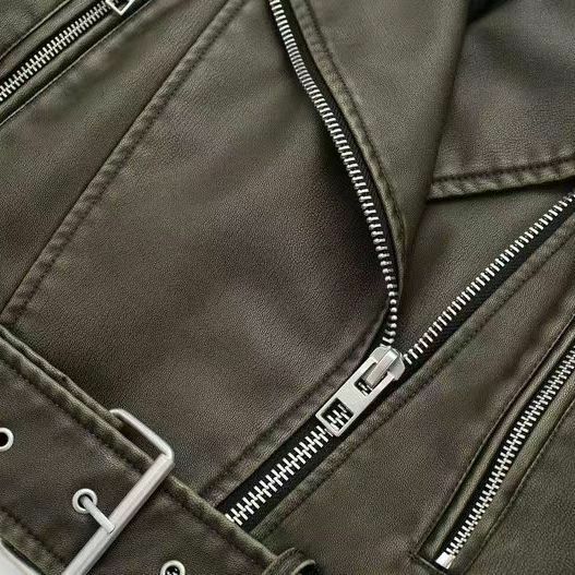APIPEE-Veste en cuir délavé avec ceinture pour femme, manteau court avec fermeture éclair dégradée et veste à revers vintage, 2024