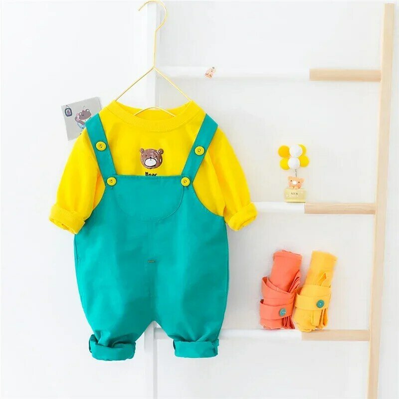 Весенние комплекты одежды для маленьких девочек и мальчиков, одежда для младенцев, одежда для малышей, Детская футболка с мультяшным медведем, комбинезоны, Детский Повседневный Спортивный костюм