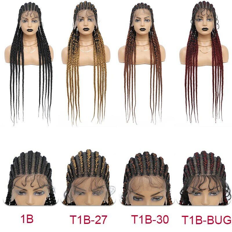 36 Inci Wig Kepang Kotak Renda Penuh Wig Renda Kepang Cornrow Sintetis 360 Wig Depan Kepang Kotak Tanpa Simpul untuk Wanita Kulit Hitam