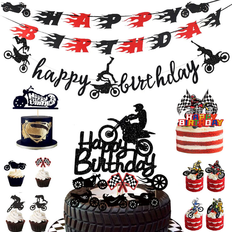 모토크로스 생일 파티 장식 케이크, 컵케이크 토퍼, 오토바이 배너 케이크 장식, 남자 또는 남자 생일 파티 용품