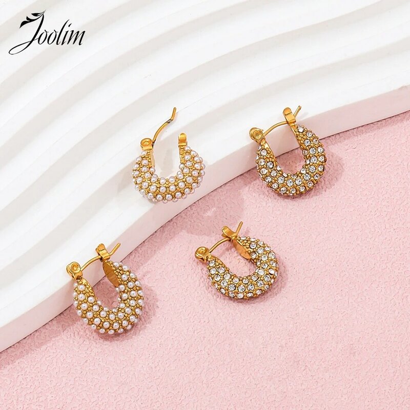 Joolim Jewelry High Quality PVD Wholesale Chunky Fashion Luxury Zirconia&Pearl Pave Hoop Stainless Steel Earring for Women