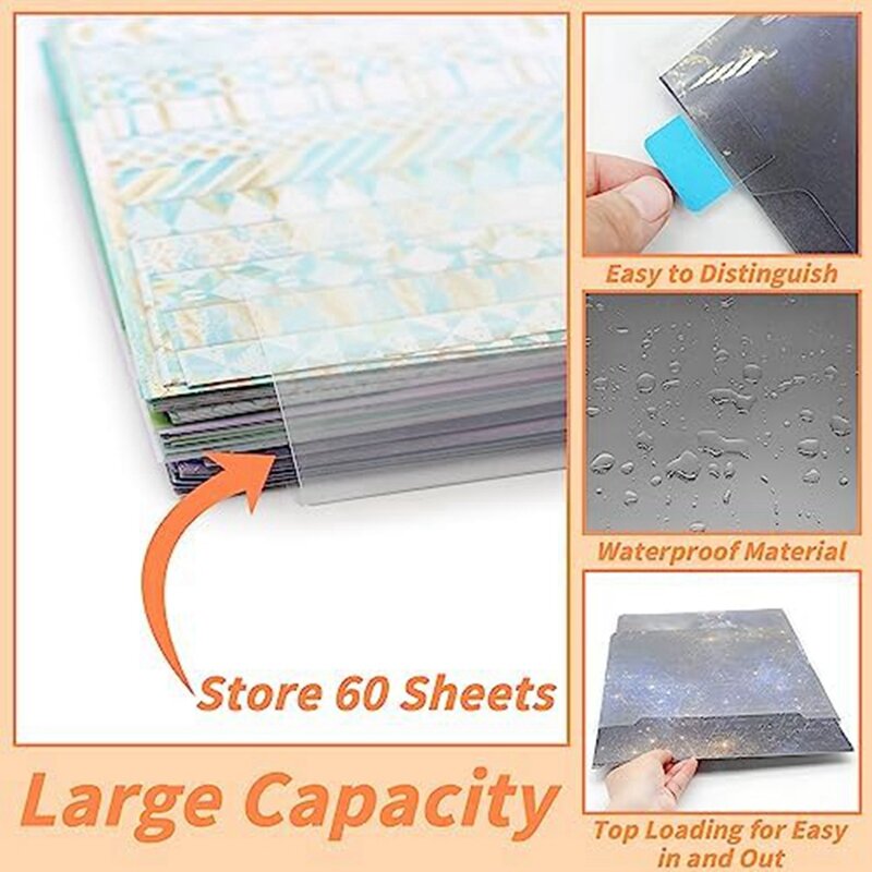 Scrapbook Paper Storage Box, impermeável, Single Top Load, 60 Adhesive Index Tabs, 30.48X30.45 cm Papers, 12 PCs