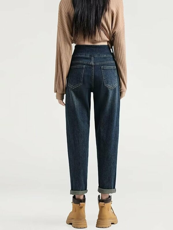 Celana panjang Jeans wanita, celana panjang Jeans kaki lurus warna terang tebal baru Musim Semi dan Gugur