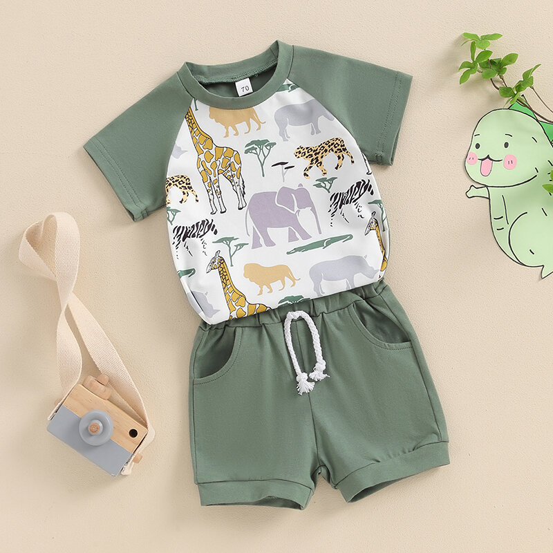 VISgogo-Roupas Bebés Meninos Verão, Animal Print, T-Shirt de Mangas Curtas e Calções Elásticos, Conjunto de Roupas de Férias de 2 Peças