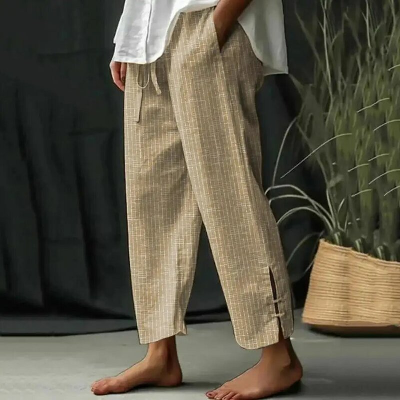 Calça casual solta de meia altura para mulheres, calça feminina de harém de perna larga elegante com bolsos, confortável para primavera e verão