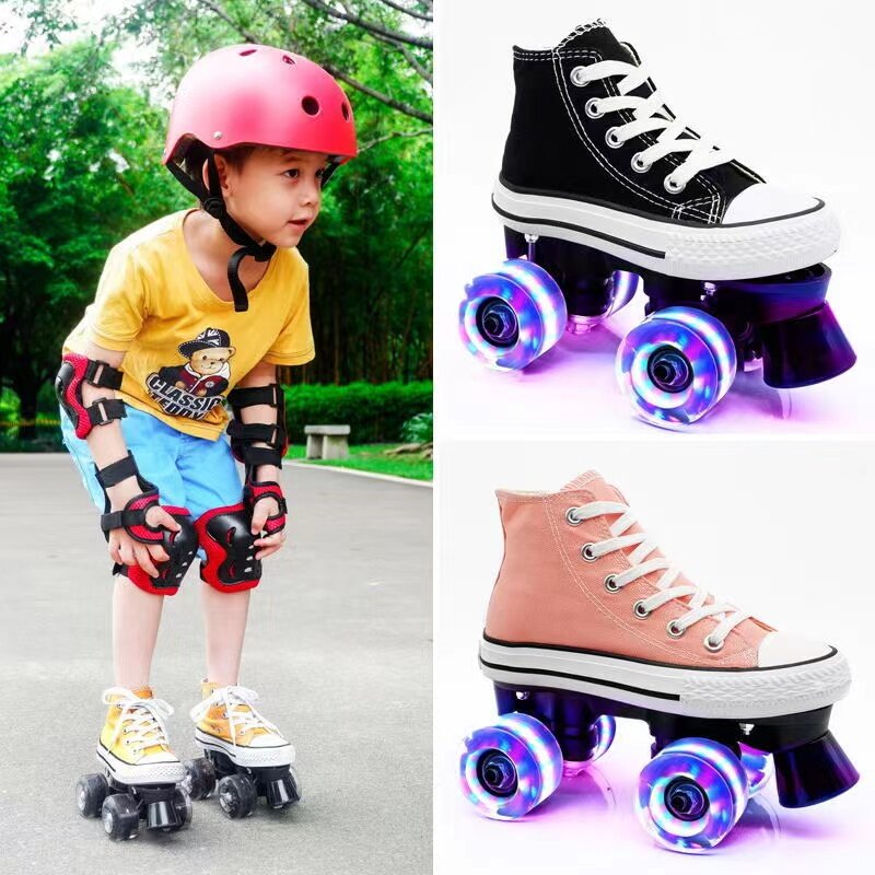 Boys and Girls Double-row Roller Skates Canvas Shoes Four-wheel  Luminous Beginner Sliding Inline Quad Skating Sneakers Training