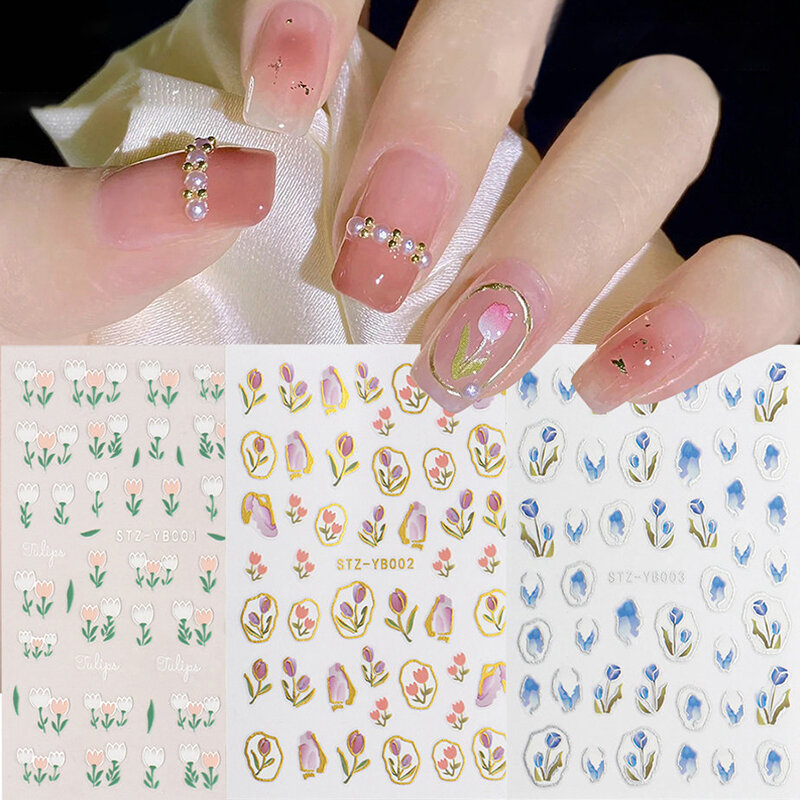 Lovely Tulip Flowers Nail Art Stickers Self Adhesive Floral Nail Sticker For Girls DIY Manicure Decal Decoration