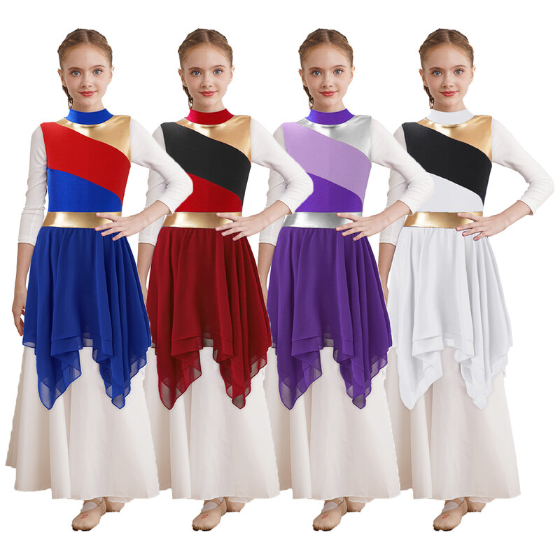 Bambini ragazze Metallic senza maniche elogio abito da ballo Chiffon Overlay lirico Dancewear Color Block abito da chiesa Costume da culto per adolescenti