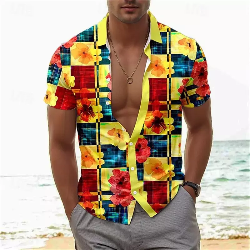 2024 Summer New Flower Plaid 3D Printed Polo Collar Shirt Fashion Hawaii Beach Leisure Comfortable Short sleeved Men's Clothing