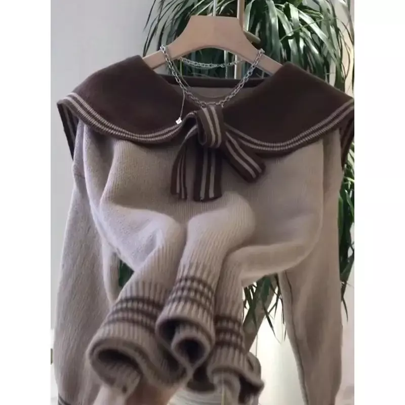 2023 Autumn And Winter New Polo Neck Bow Sweater Design Feel Loose Lazy Casual Knit Top For Women