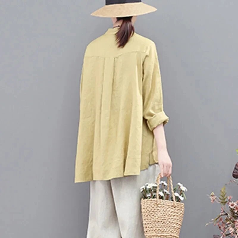Blusa de manga larga holgada para mujer, camisa con cuello alto y bordado de viento nacional, talla grande, primavera y verano