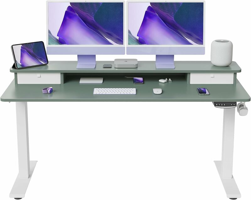 60 x 24 inch height adjustable electric standing desk, double drawers, standing desk, storage rack, Seated desk, green