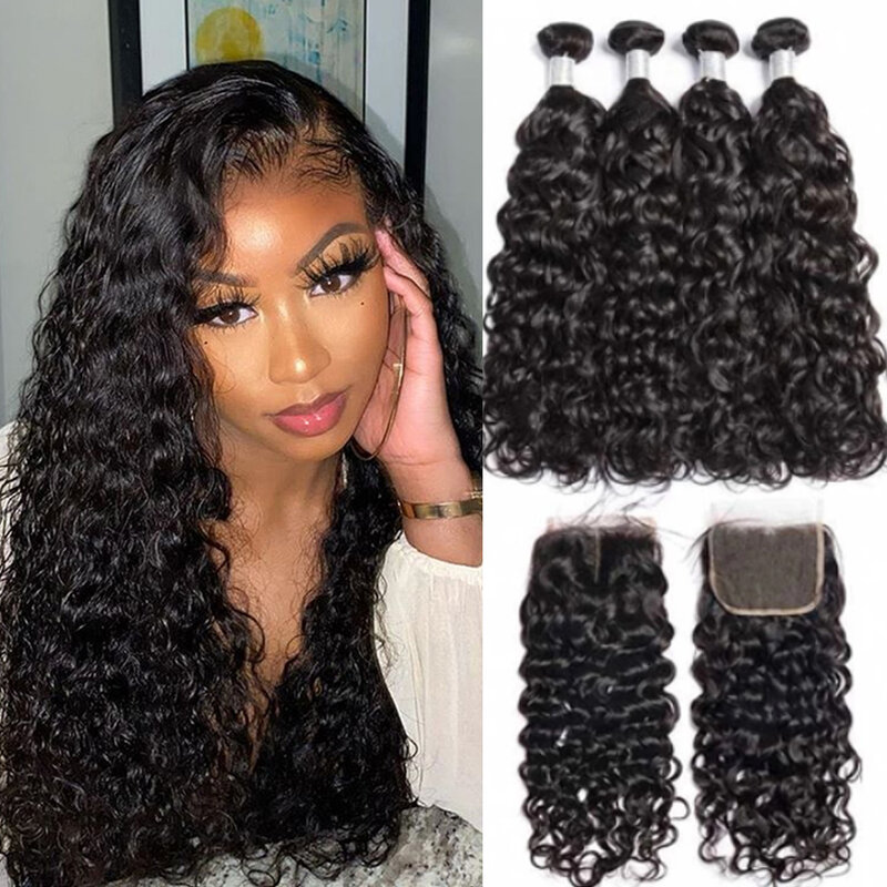 Indian Water Wave Bundles With Closure Wet and Wavy 12A Human Hair Bundles Remy Human Hair Weave 3Bundles With 13X4 Frontal