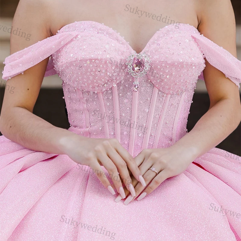 Pink Princess Quinceanera Dresses Sequins Beads Corset Off Shoulder Sweet 16 DressLace Up vestido De 15 Anos Robe Bal Medieval
