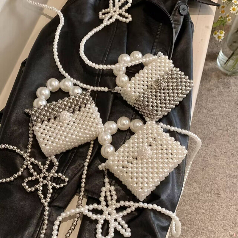 Bolso de mano con perlas tejido a mano para mujer, bandolera de PVC de alta calidad, con caja de pintalabios, para boda, 2024