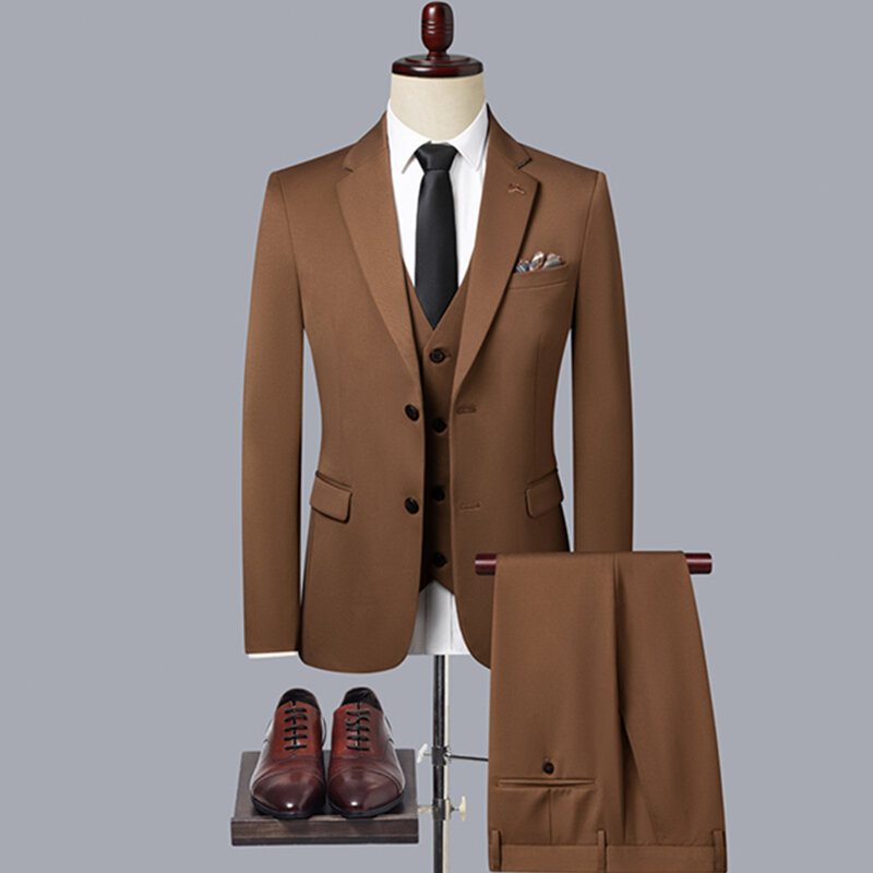 2024 Fashion New Men's Casual Leisure Boutique Business Solid Color Slim Fit Suit Blazers Jacket Vest Pants Trousers 3 Pcs Set