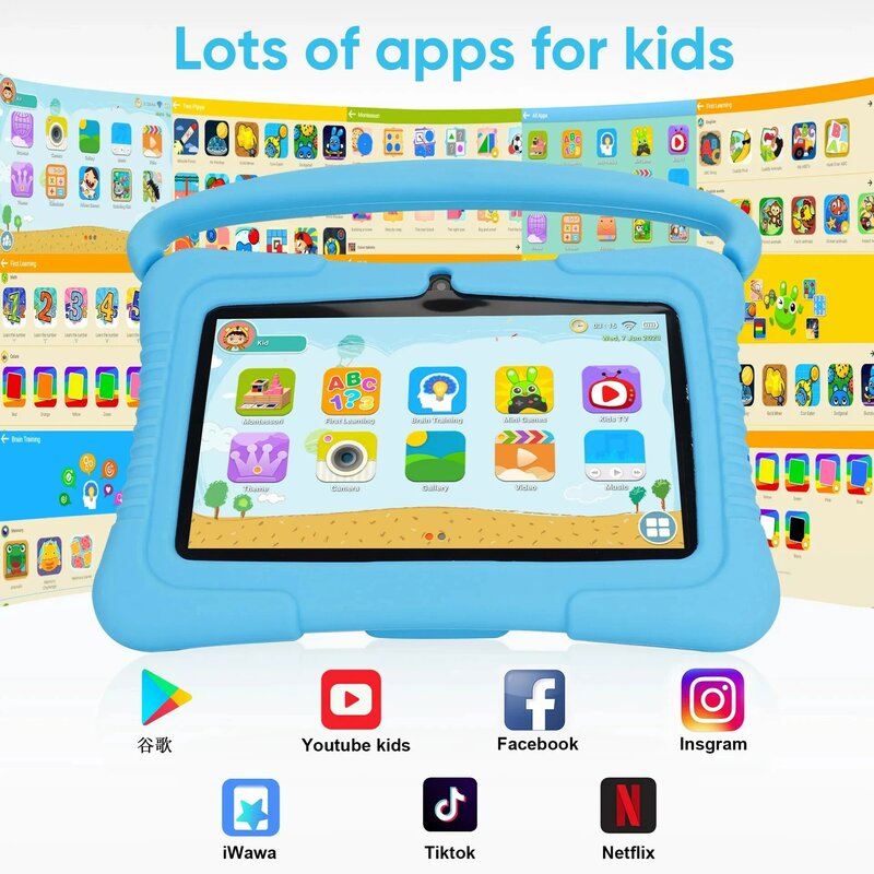 Tablet PC Android com capa de silicone infantil, software iwawa, pré-instalado para aprendizado, 16GB, 32GB ROM, 7"