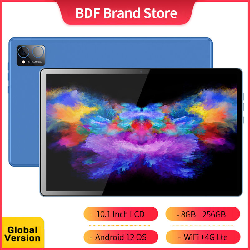 BDF Android 12 Tablet, Octa Core, 3G, 4G LTE, Internet, Wi-Fi, Internet, BT, Original, PC, 10.1 ", 8GB de RAM, 256GB ROM, Versão Global
