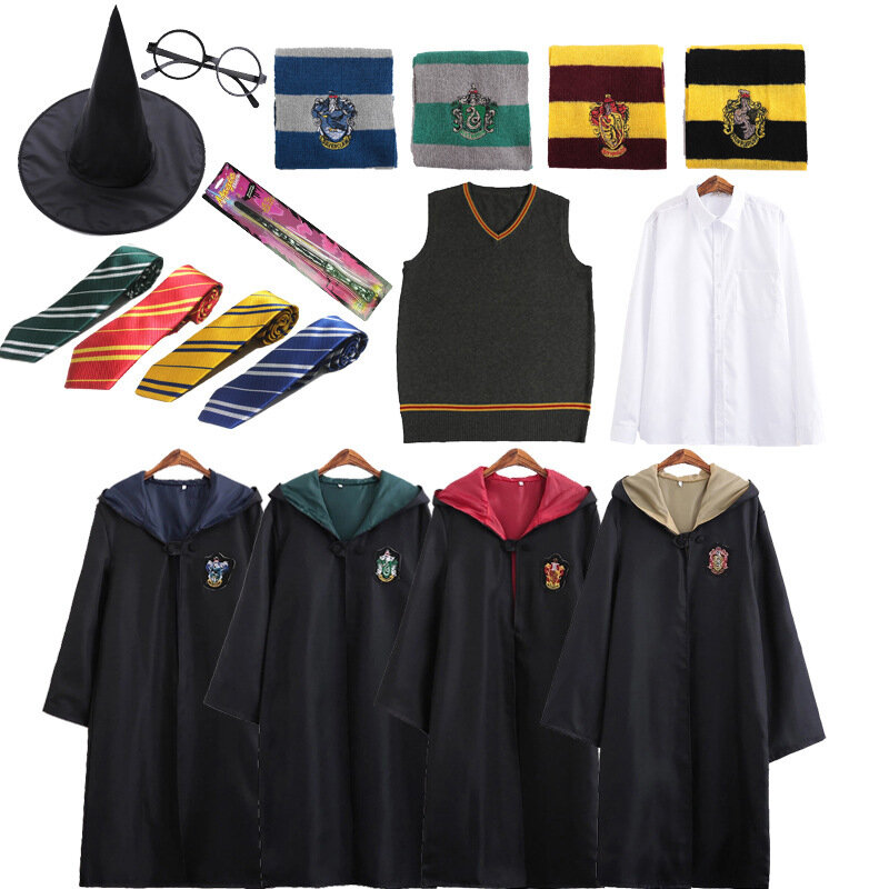 男性と女性のための魔法の学校のコスプレコスチュームセット、wizardry服、ケープ、スカーフ、ネクタイ、メガネ、帽子、魔法のケープ、大人、子供、6個