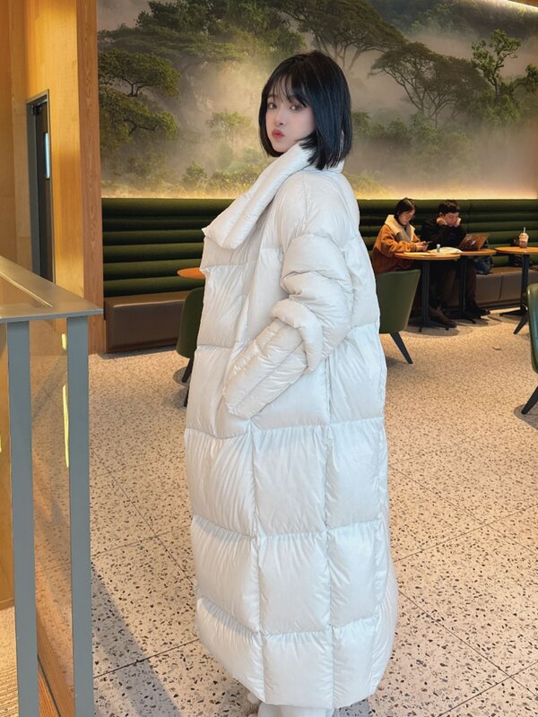Winter New Loose Fashion Loose Mid-Length Large Quilt White Duck Down Jacket for Women