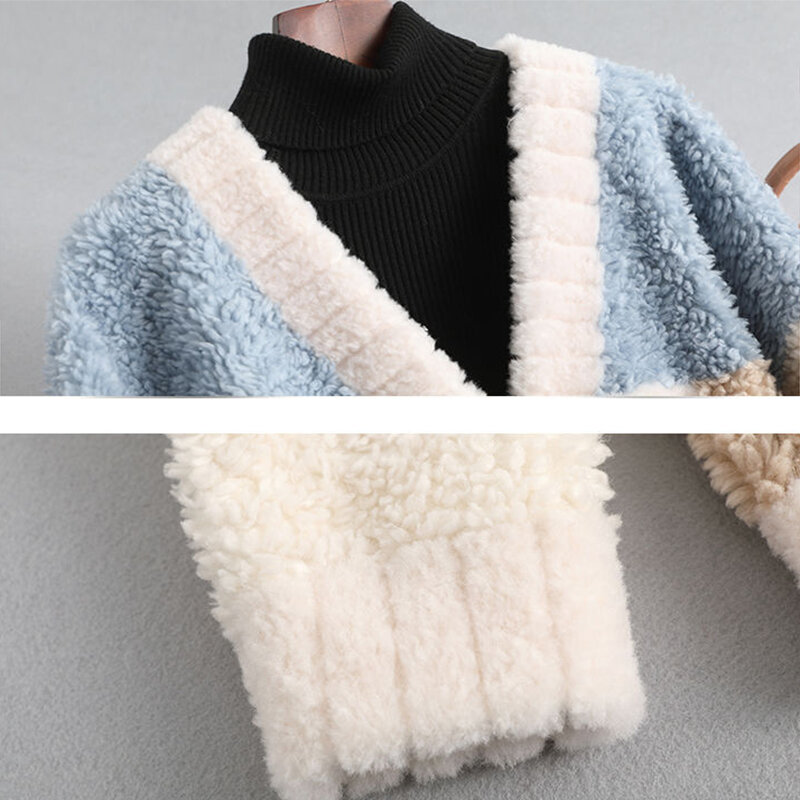 V-neck Patchwork Fashion Lightweight Fur Sheep Fleece Coat Fur Integrated Wool Faux Fur Coat 2023 Autumn Winter Slim Casual Coat