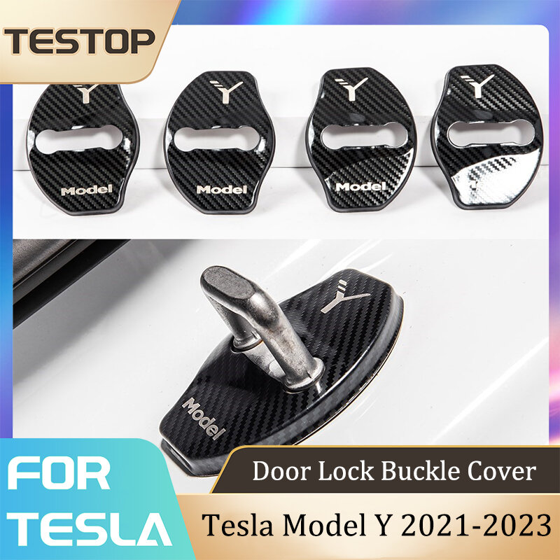 Автомобильная застежка на дверной замок Tesla Model Y 2023, аксессуары для дверного замка, металлическая наклейка из углеродного волокна, автомобильное украшение