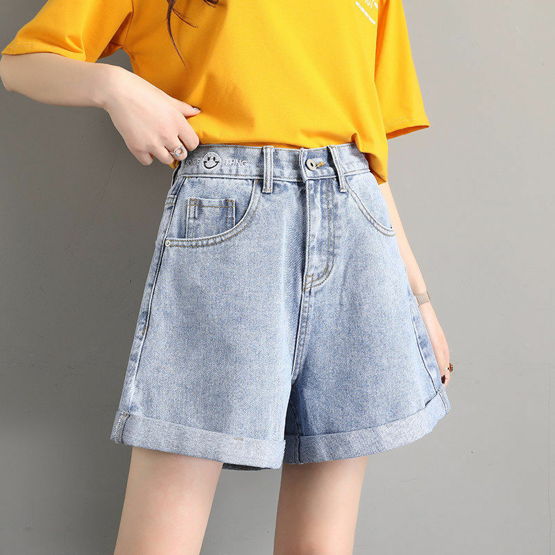 กางเกงเอวสูงเอว celana pendek DENIM ขากว้างยางยืดทรงเอฉบับภาษาเกาหลีเทรนด์กางเกงขายดีสำหรับฤดูร้อน2023