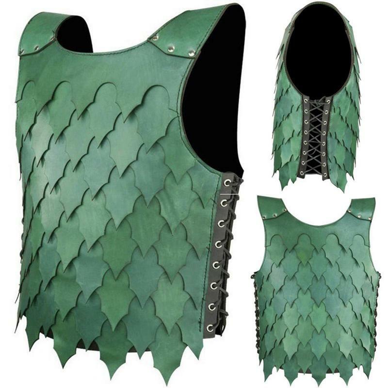 Disfraz de guerrero vikingo para hombre, ropa de Cosplay Vintage de cuero Artificial, diseño de escamas de pescado, Protector de espalda vikingo para espectáculo de escenario