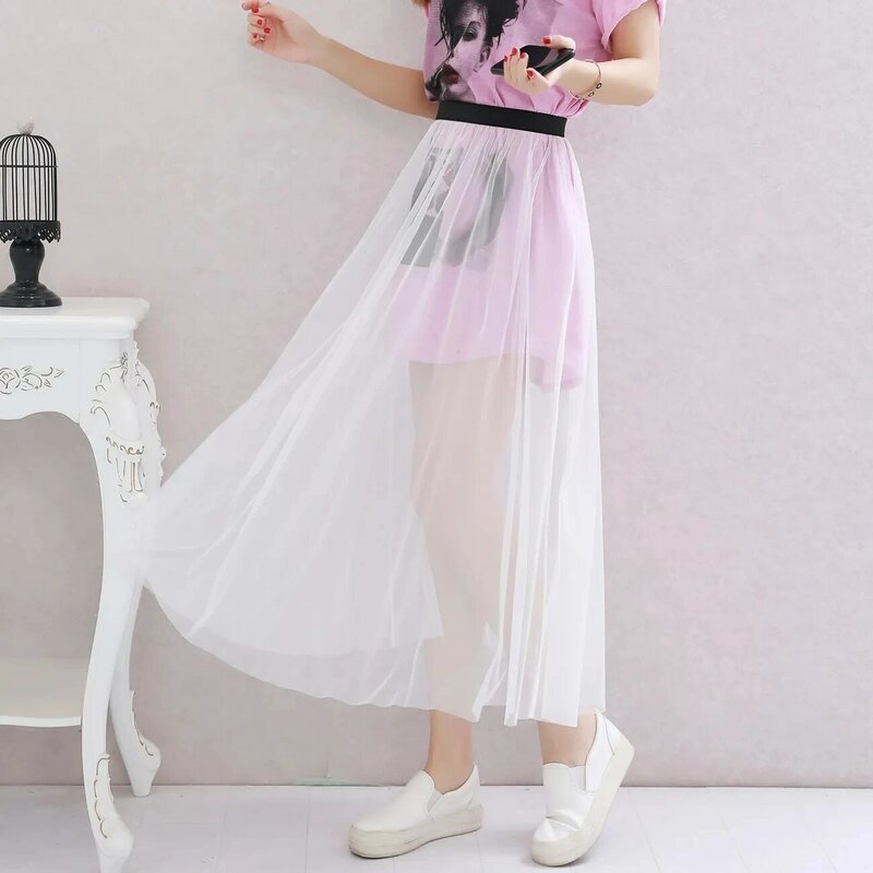 Spring Summer Fashion New Elegant Women Elastic High Waist One Layer Mesh Perspective Long Skirt Party Gift Office Lady Clothing