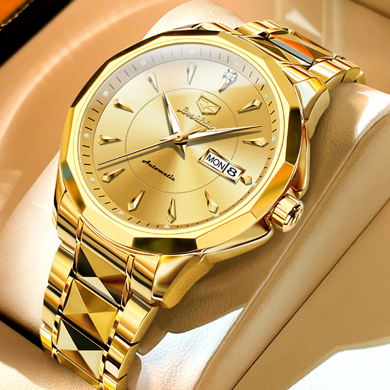 JSDUN jam tangan otomatis untuk pria, arloji mekanik asli tahan air tali baja tahan karat warna emas dengan tanggal otomatis
