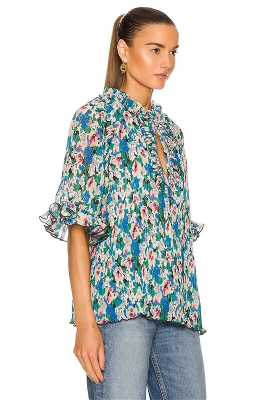 Женская шифоновая блузка с оборками, элегантная винтажная Легкая блузка с рукавом-бабочкой и оборками на ожерелье, голубого цвета, весна 2019