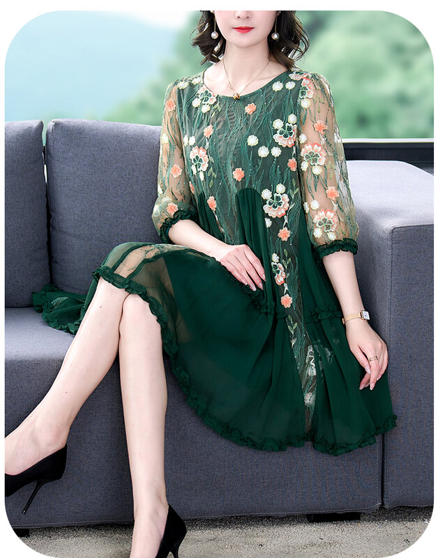 Summer Green Embroidery Natural Silk Hollow Out Sexy Midi Dress 2024 Women Korean Fashion Elegant Bodycon Light Casual Dresses