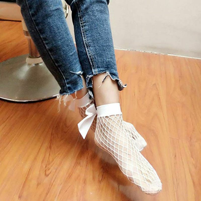 Fashion Women Lady Sexy Lace Ankle High Fishnet Mesh Net Solid Color Short Summer Breathable Socks with Bowknot
