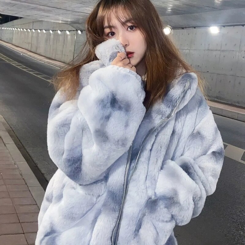 Jaqueta de pelúcia imitação de cabelo de coelho para mulheres, colarinho médio longo, algodão solto, casaco de pele quente, sobretudo vison cordeiro grosso, inverno, novo