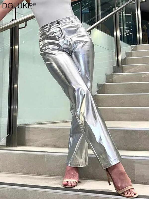 Pantaloni in ecopelle metallizzata argento donna 2023 pantaloni lunghi invernali a vita alta Hip Hop Streetwear Y2K pantaloni Night Club Wear