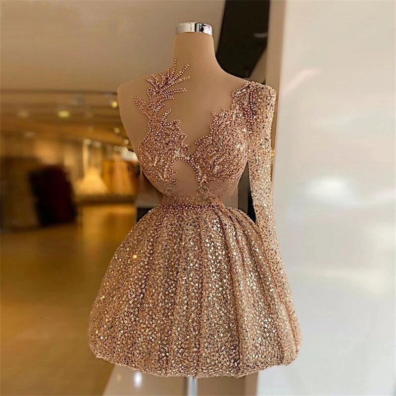 Sparkle Cocktail Dresses 2022 Women V-Neck Beaded Mini Evening Party Pleat One-Shoulder Long Sleeves A-Line Sexy Ball Gown Robe