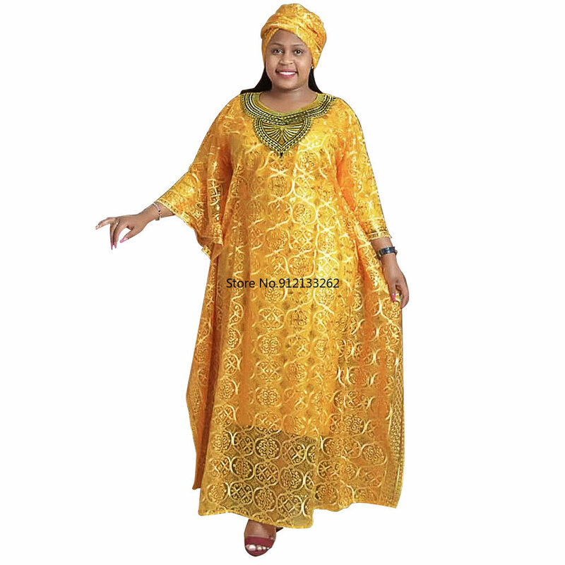 Dashiki African Dresses for Women Spring Summer African Women Blue Yellow O-neck Long Dress Inner and Headtie African Clothes