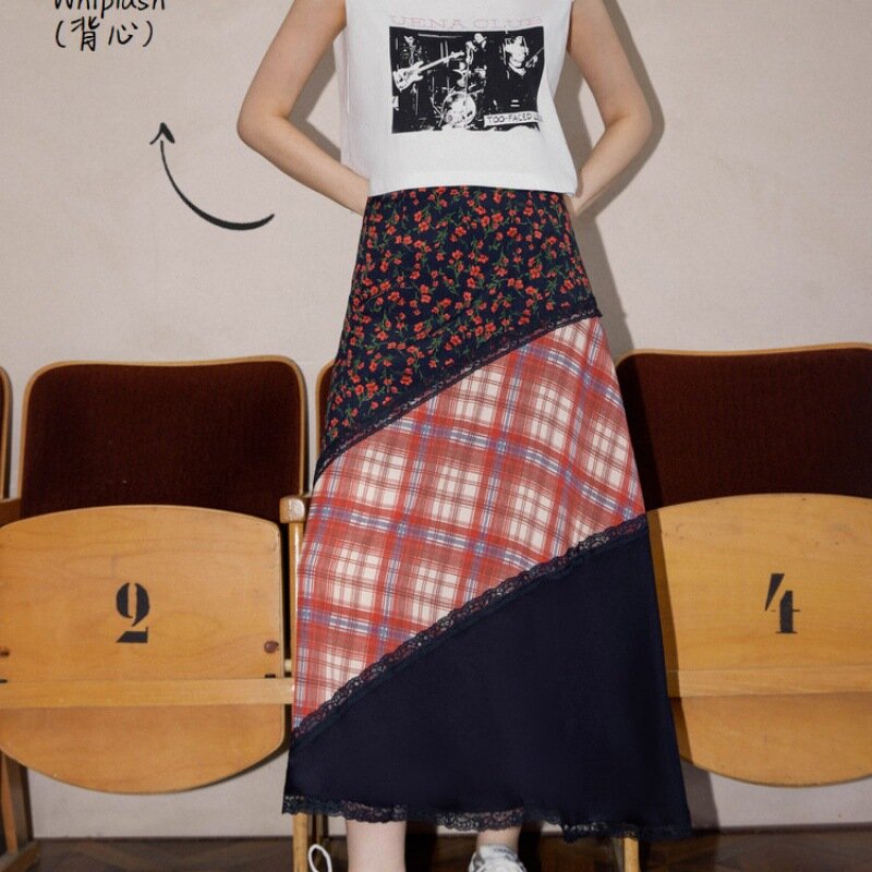 Skirt female 2024 spring American slim retro plaid floral stitching niche design sense A-line skirt women skirt