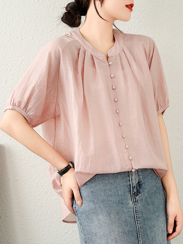 New Arrival Spring Summer Solid Short Sleeve Brief Blouse Shirt Button Elegant Office Ladies Women Casual Loose Tops Blusas