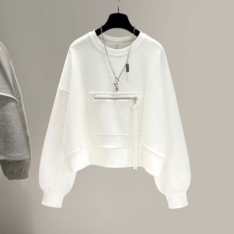 Autumn New Short Crewneck Sweatshirts Women Casual Long-sleeved T Shirt 2023 Korean Loose Zipper Patch Niche Pullover Tops Trend