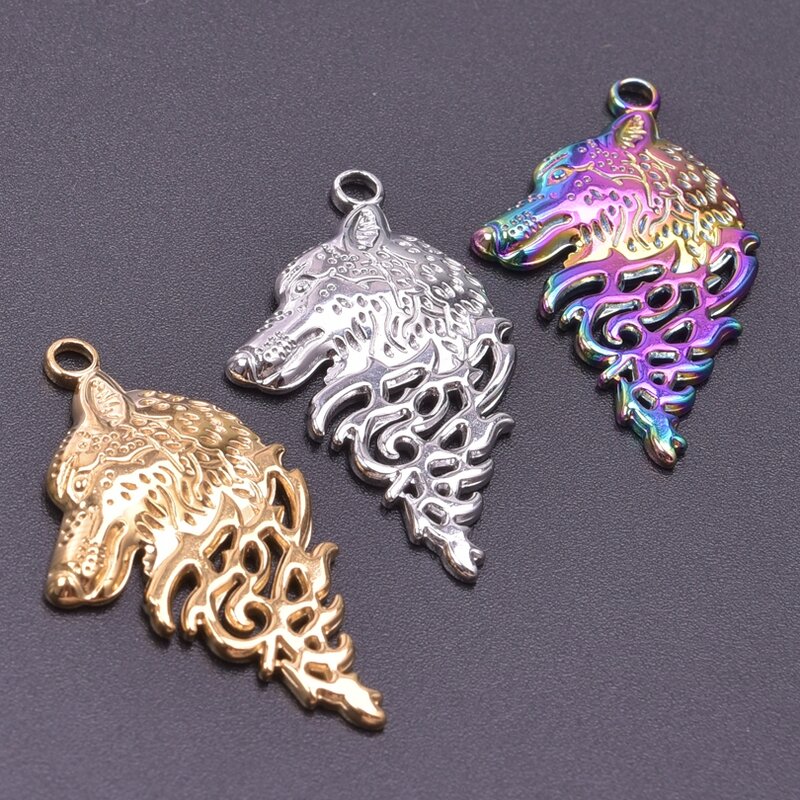 Fashion Wolf Head Rainbow Punk Stainless Steel Pendant Charm for Jewelry Making diy Craft Necklace Supplies Gothic Charm 6pcs