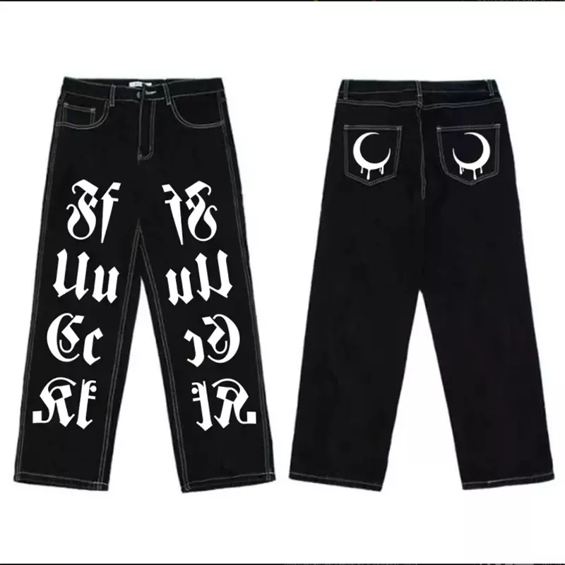 2024 New Men's Jeans HipHop Printed Oversized Straight Wide Leg Pants Y2K Black Pants Fashion Casual Punk Rock Loose Street Wear
