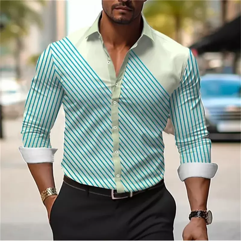 New men's long sleeved lapel button up shirt with retro striped pattern printed shirt, soft and comfortable designer top s-6XL