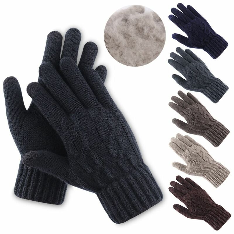 Plush Lining Man Thickened Gloves Fashion Knitted Touch Screen Warm Mittens Soft Twists Pattern Winter Gloves