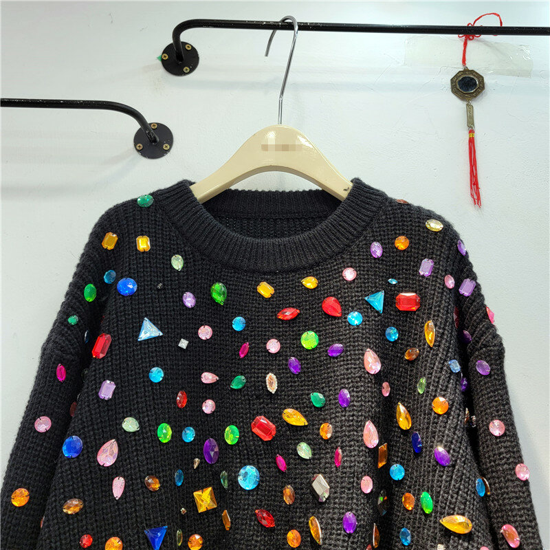 KoHuiJoo Heavy Multicolour Rhinestone Knitted Sweater Women Autumn 2023 O-Neck Slim Long Sleeve Pullover High Waist Short Coat