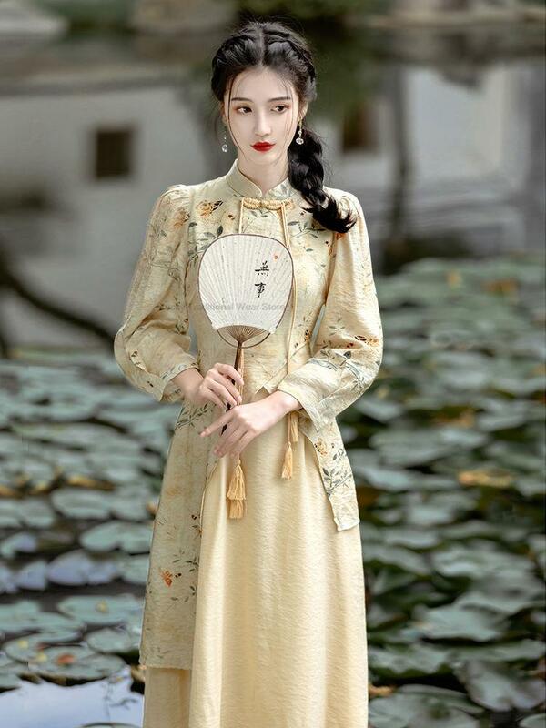 여성용 중국 스타일 개량 치파오 드레스, 우아한 가짜 투피스 프린트 치파오, 봄 여름 신상