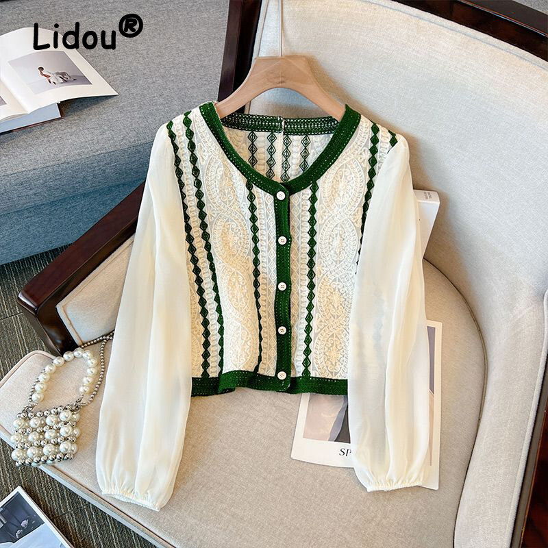 Women Lace Patchwork Vintage Y2K Cute Sweet Chic Blouses Spring Summer Trendy V Neck Long Sleeve with Button Top Female Clothing